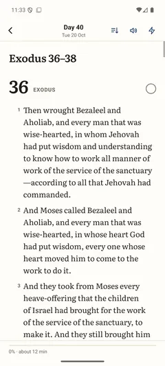 A day’s reading in Ribbon: Day 40, Exodus 36, one numbered verse per line.